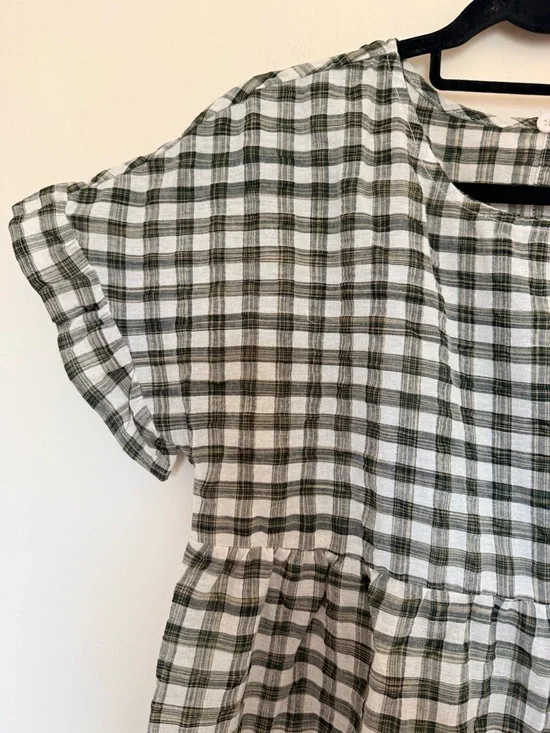 BiBi Olive and White Gingham Tiered Short-Sleeve Mini Dress - Picture 3 of 5